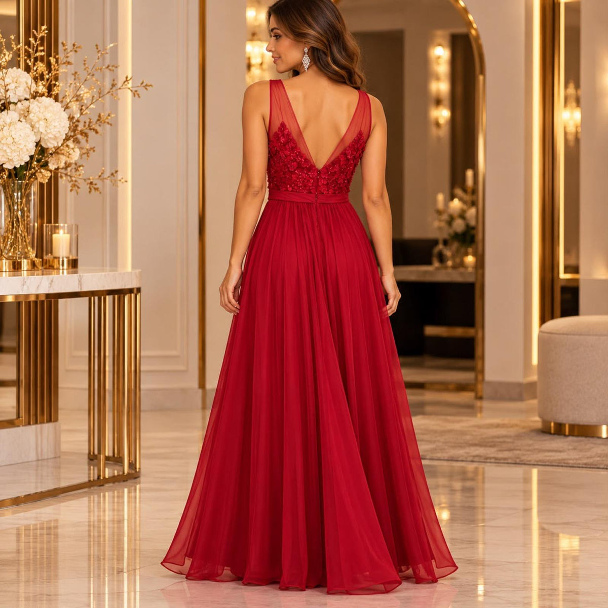 Robe de soirée rouge à fleurs - vue 2