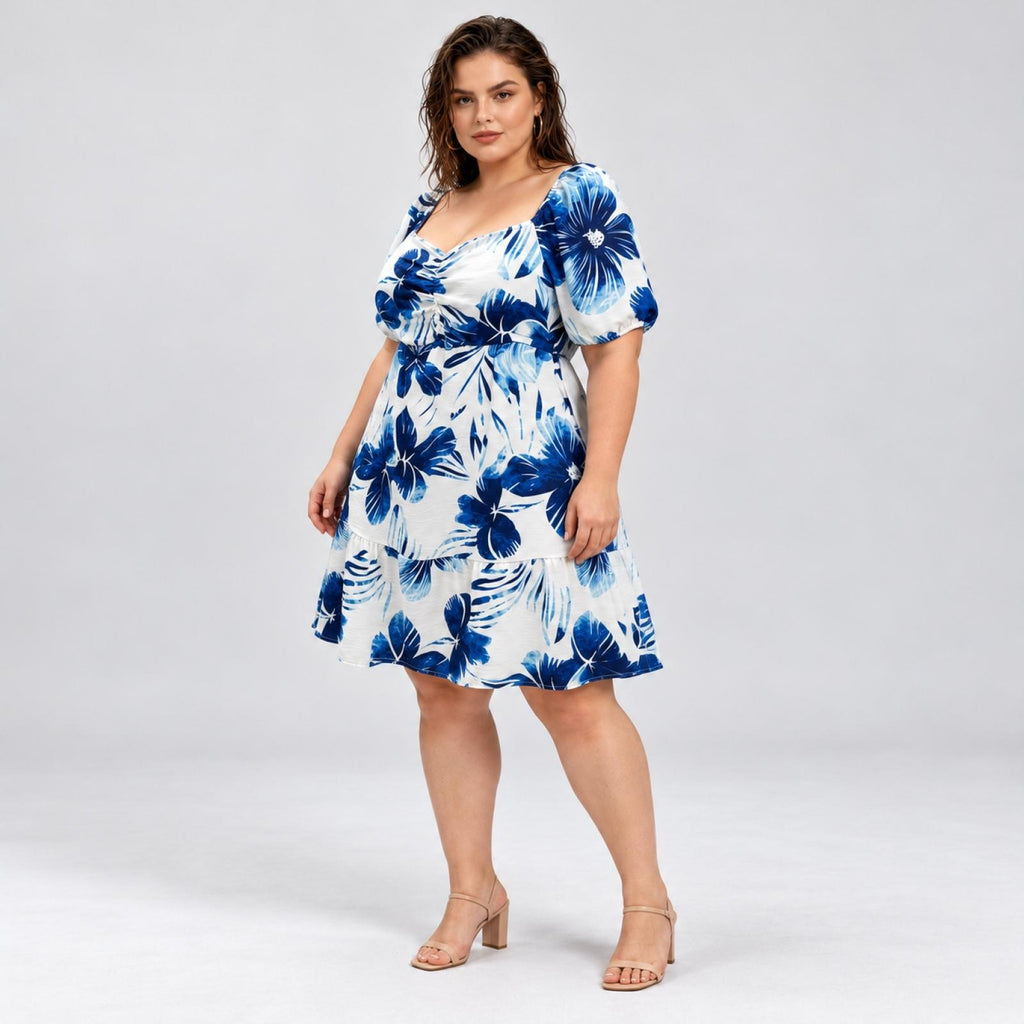 Robe fleurie grandes tailles bleu roi à manches bouffantes Modèle Ysée