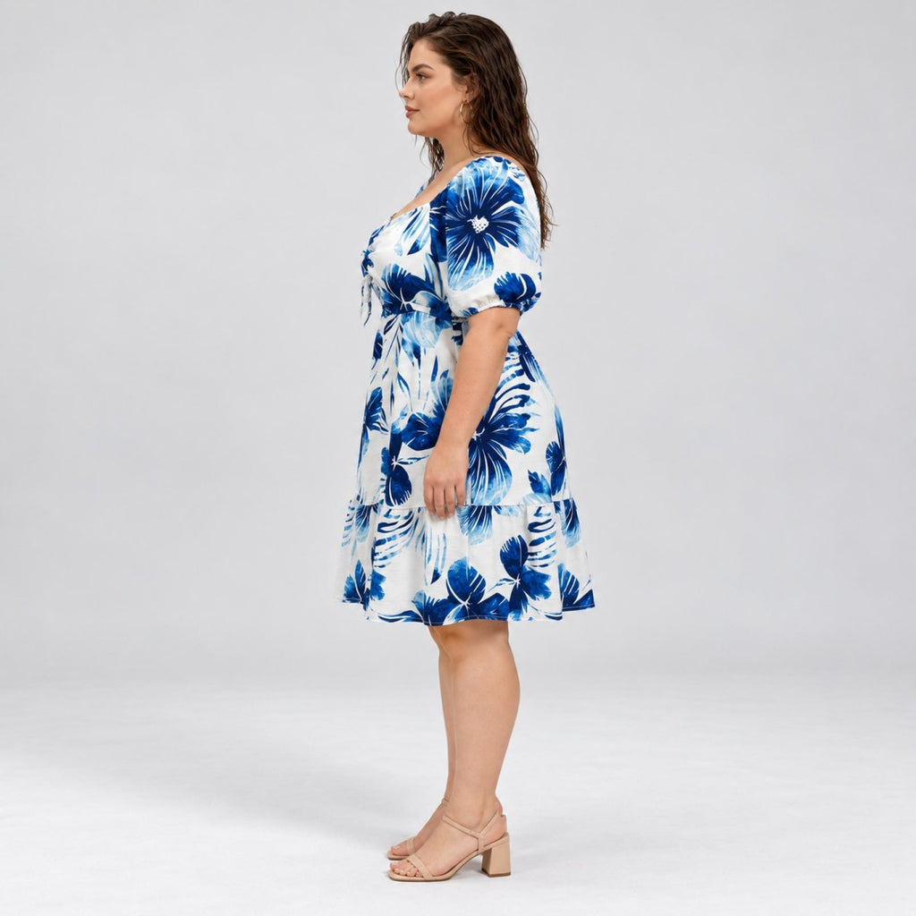 Robe fleurie grandes tailles bleu roi à manches bouffantes Modèle Ysée - vue 2