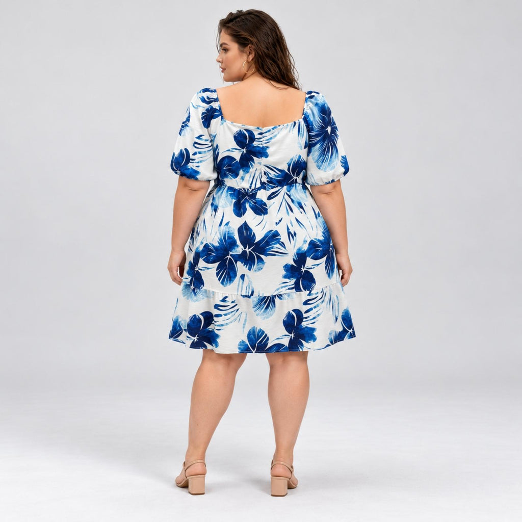 Robe fleurie grandes tailles bleu roi à manches bouffantes Modèle Ysée - vue 3