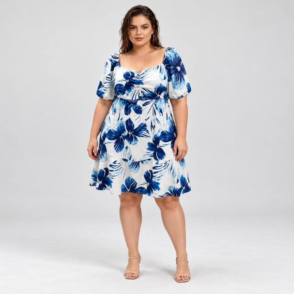 Robe fleurie grandes tailles bleu roi à manches bouffantes Modèle Ysée - vue 4