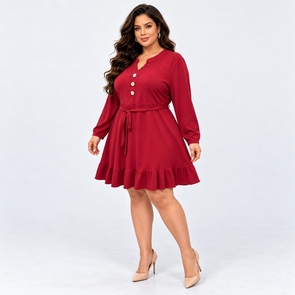 Robe grandes tailles bordeaux ceinturée col V à volant Modèle Aélis