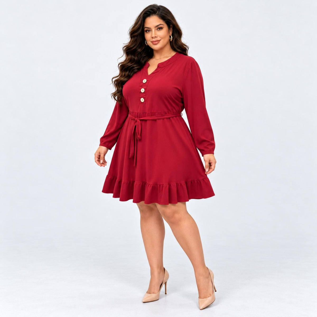 Robe grandes tailles bordeaux ceinturée col V à volant Modèle Aélis