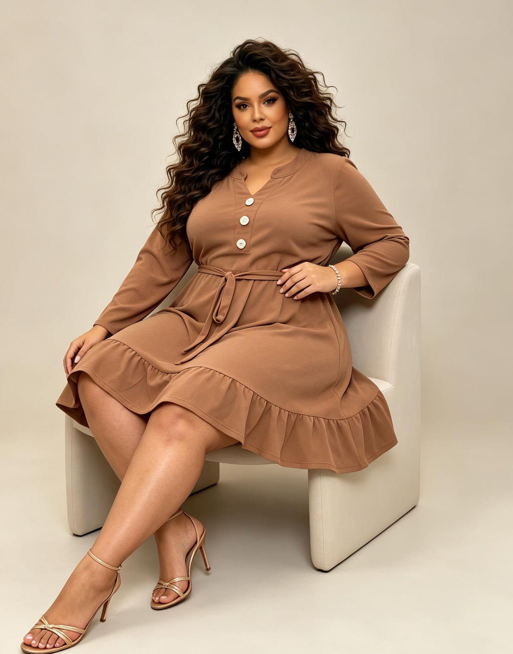 Robe grandes tailles brune ceinturée col V à volant Modèle Aélis