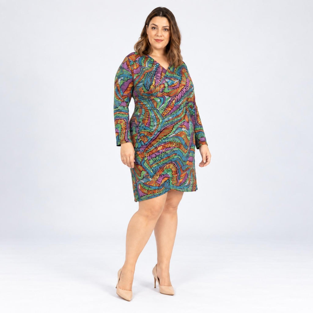 Robe grandes tailles cache-cœur imprimé ethnique Modèle Tribale - Santa Mode - vue 3