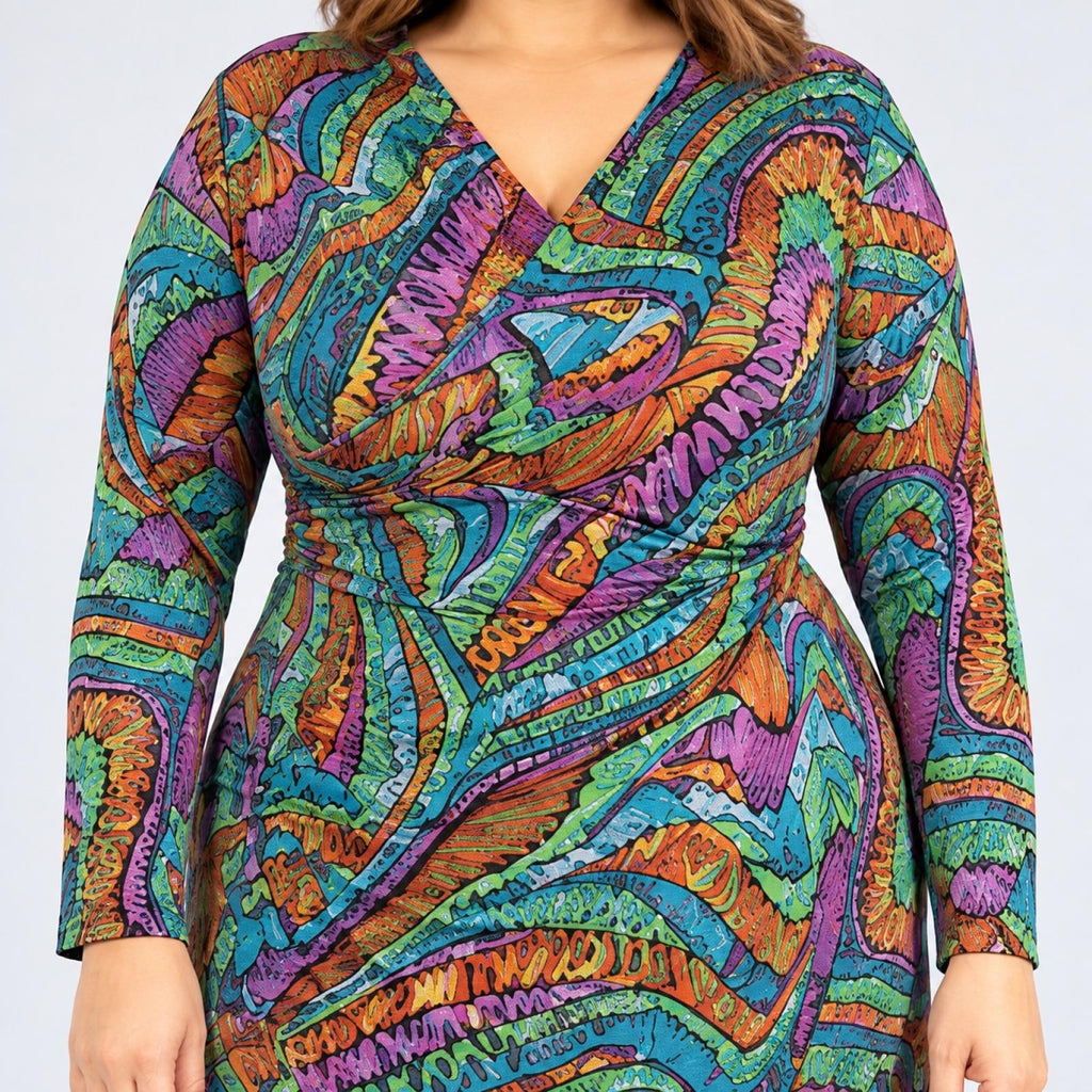 Robe grandes tailles cache-cœur imprimé ethnique Modèle Tribale - Santa Mode - vue 4