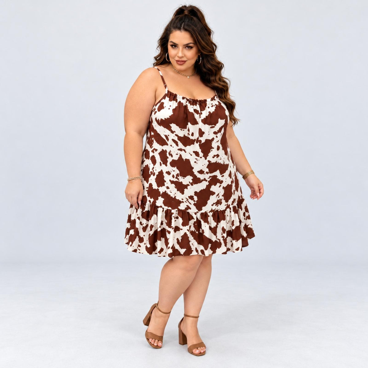 Robe grandes tailles chocolat à bretelles et volant Modèle Leyna - vue 4