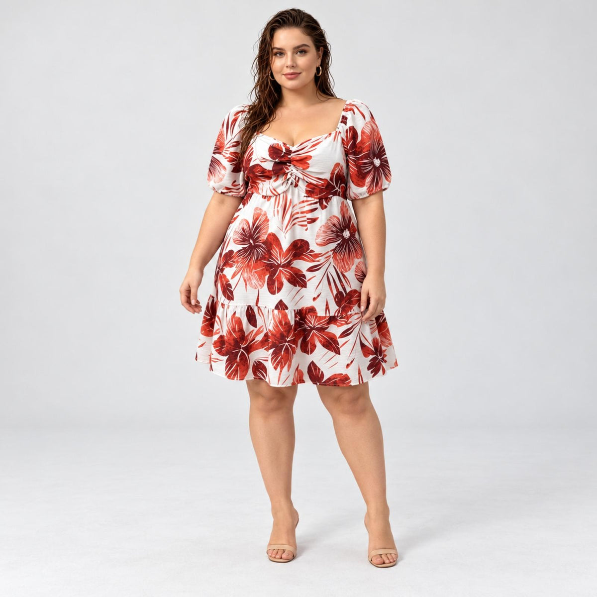 Robe grandes tailles orange fleurie à col carré Modèle Ysée