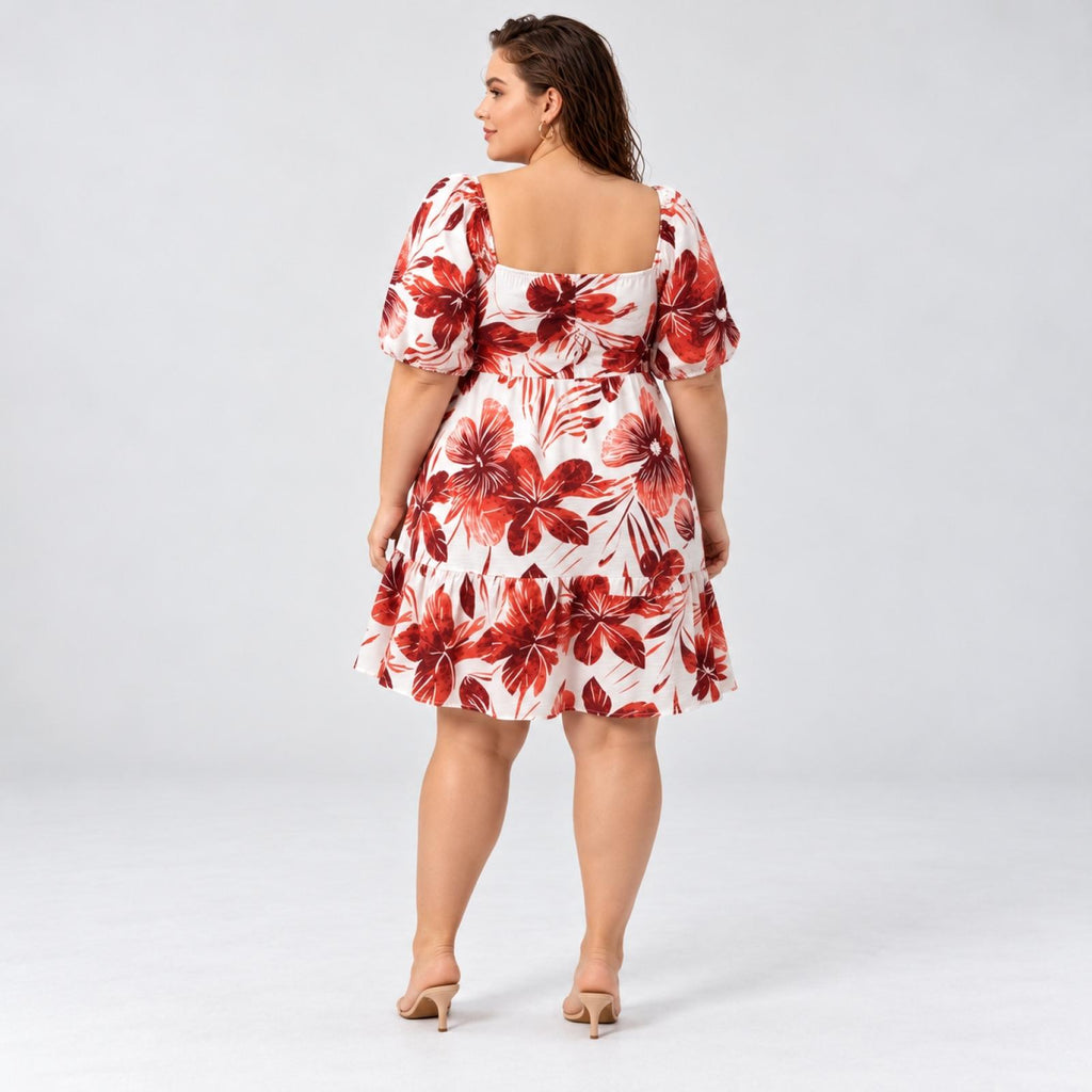 Robe grandes tailles orange fleurie à col carré Modèle Ysée - vue 2
