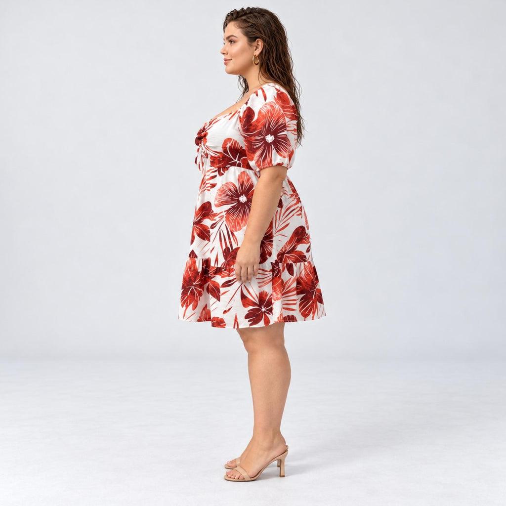 Robe grandes tailles orange fleurie à col carré Modèle Ysée - vue 3