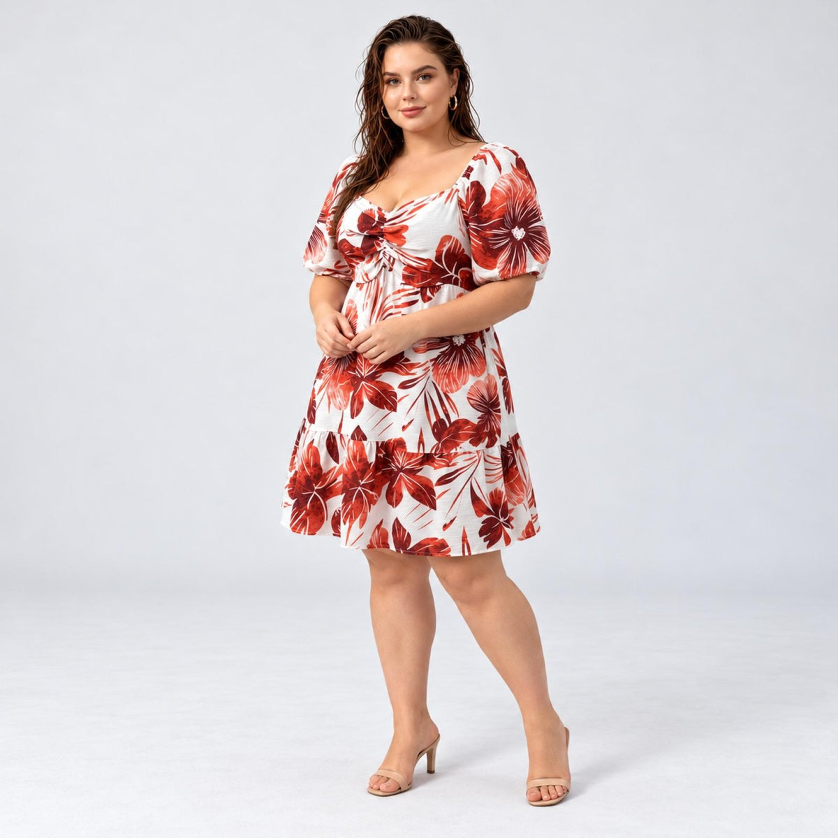 Robe grandes tailles orange fleurie à col carré Modèle Ysée - vue 4