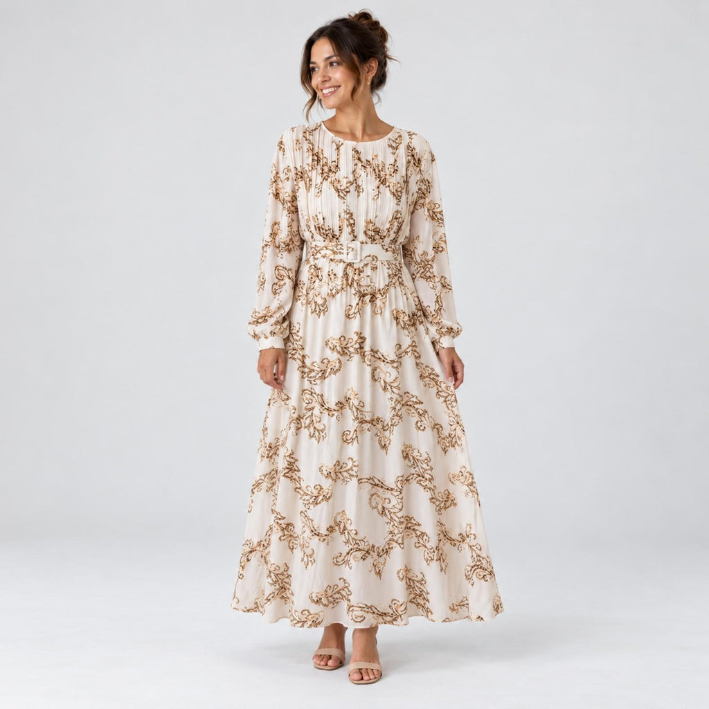 Robe longue fluide ceinturée imprimé arabesque Modèle Nila - Santa Mode