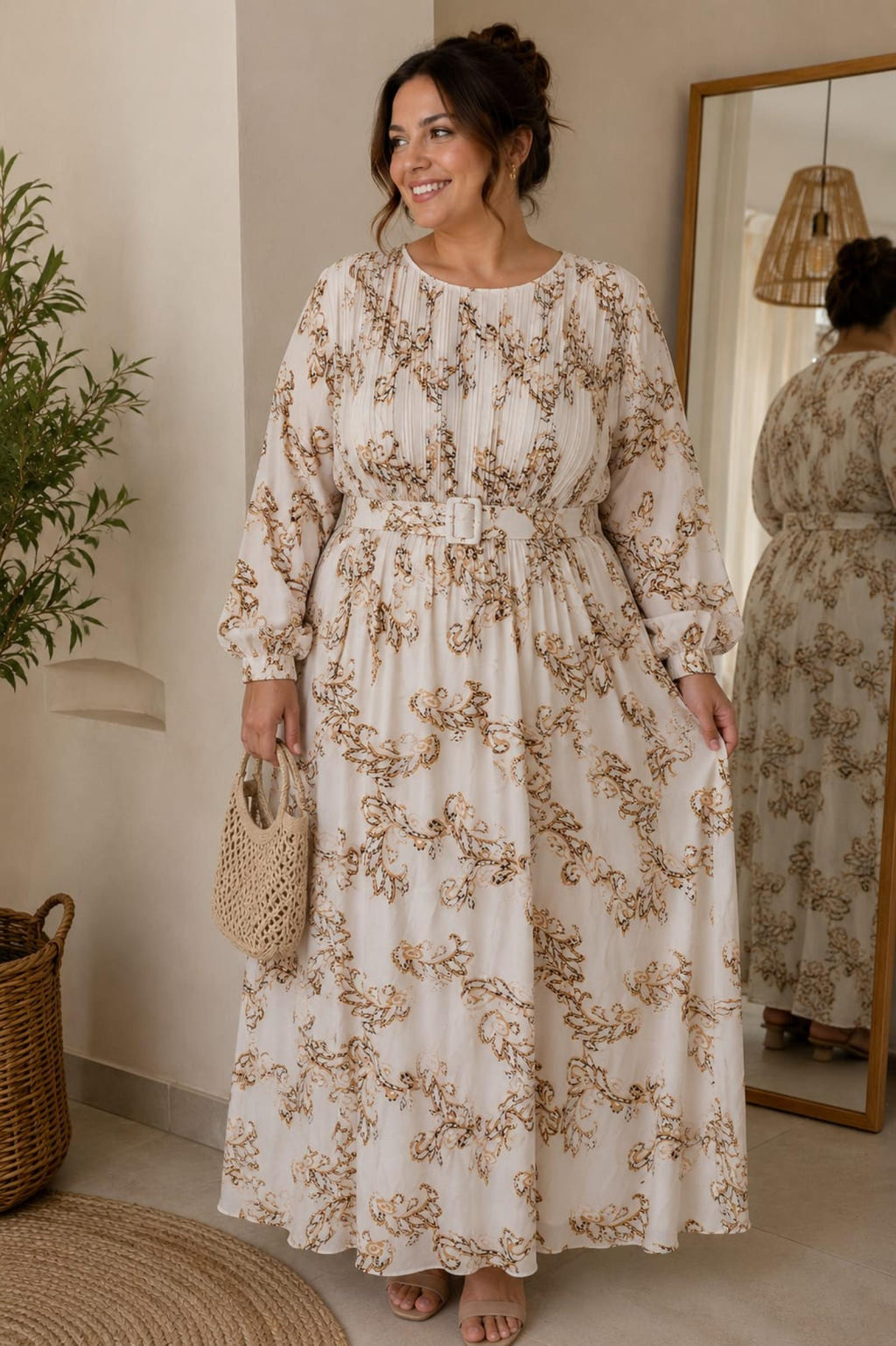 Robe longue fluide ceinturée imprimé arabesque Modèle Nila - Santa Mode