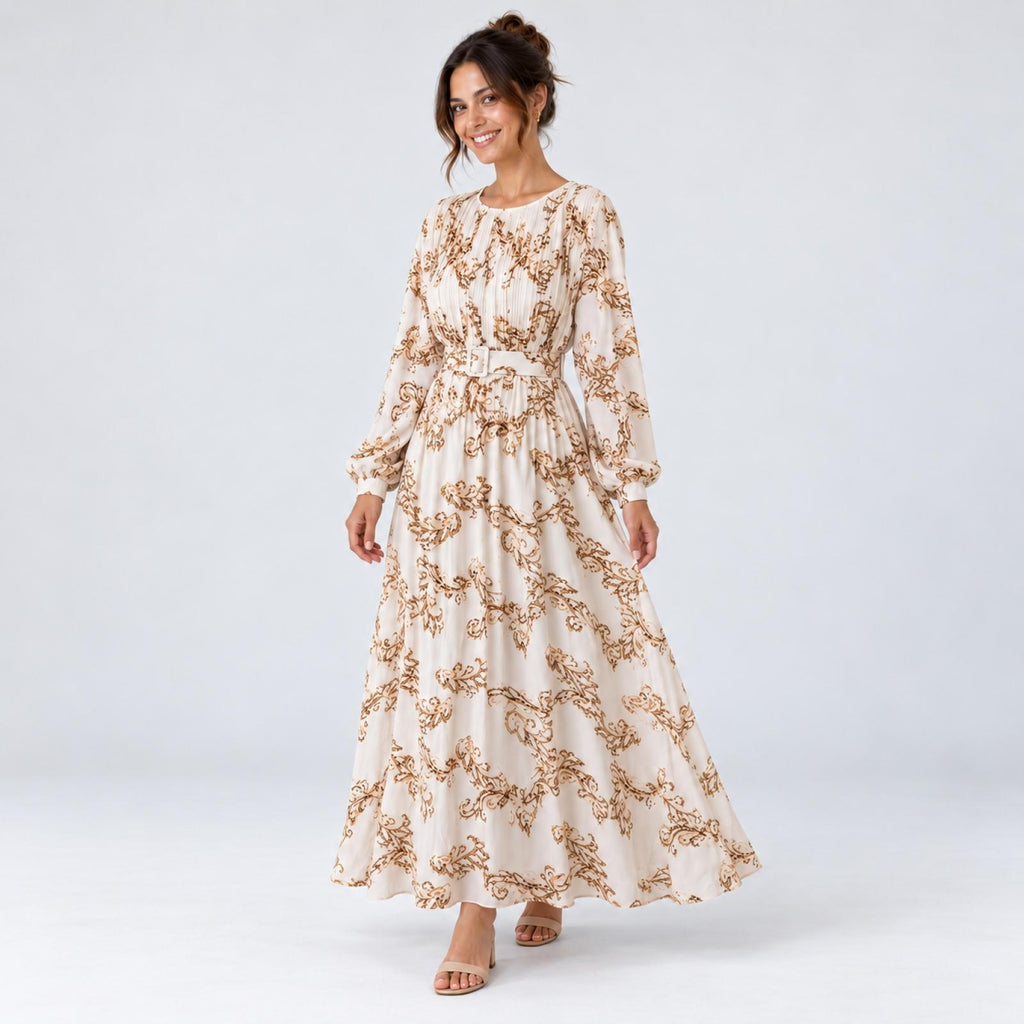 Robe longue fluide ceinturée imprimé arabesque Modèle Nila - Santa Mode - vue 4