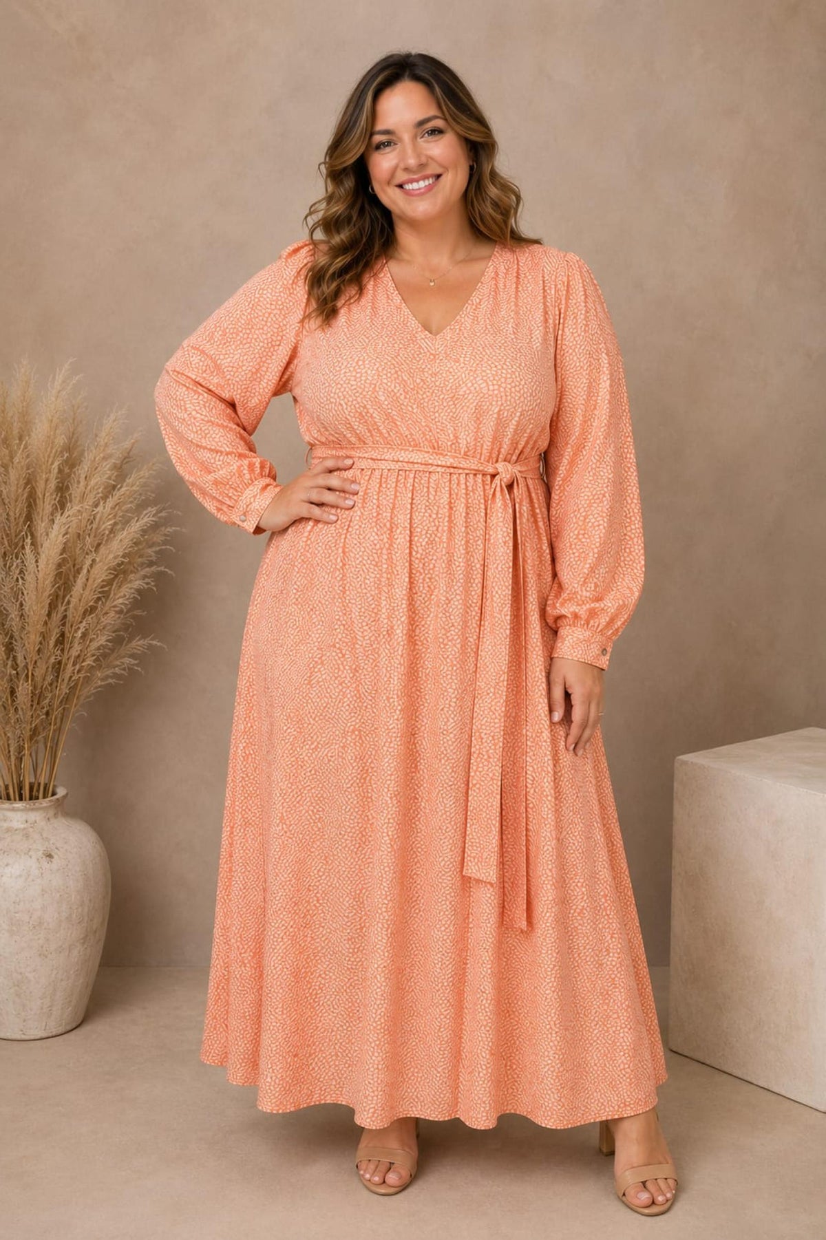 Robe longue fluide ceinturée imprimé discret Modèle Azélie - Santa Mode