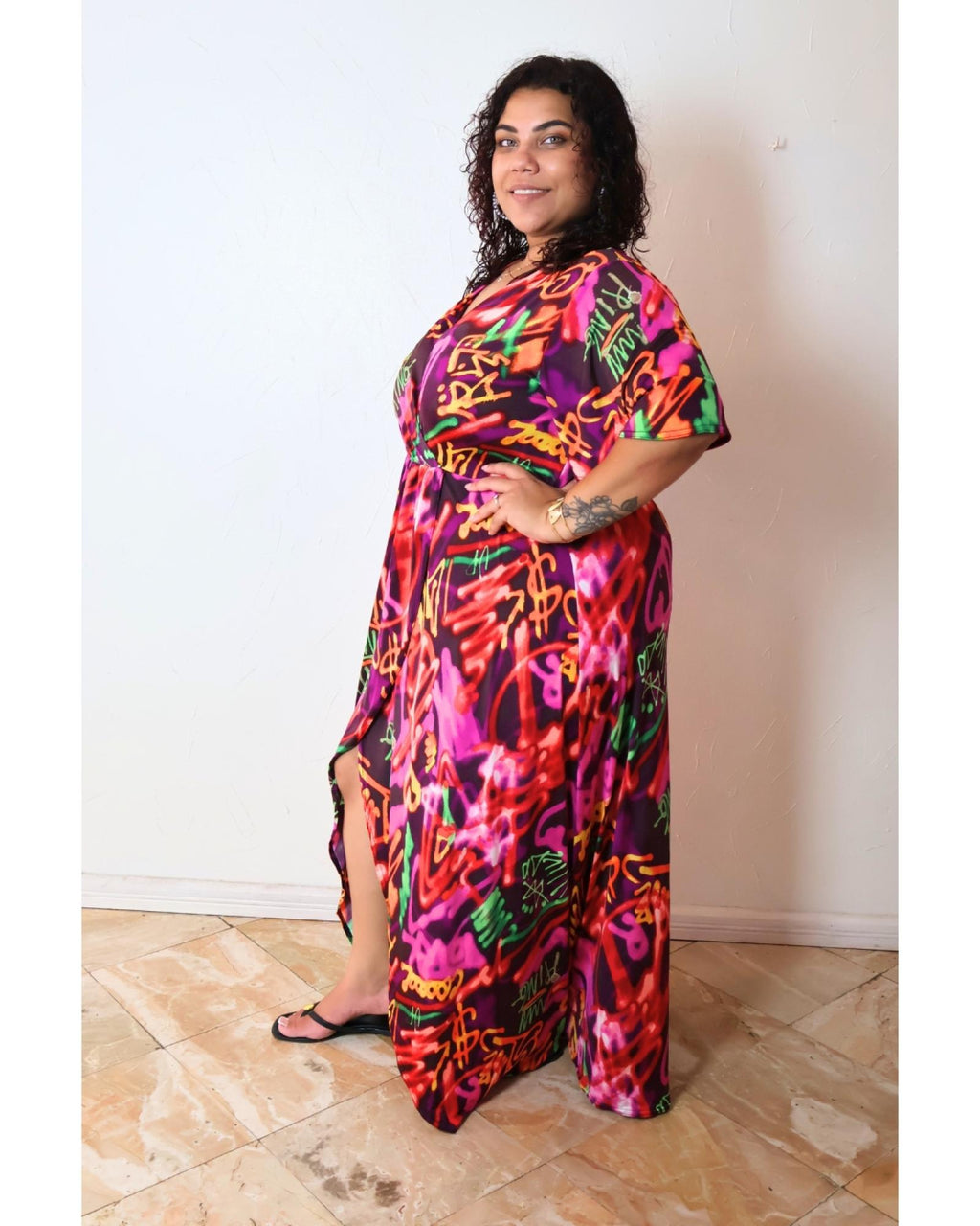 Robe longue grandes tailles cache-cœur bordeaux Modèle Amanda - vue 2