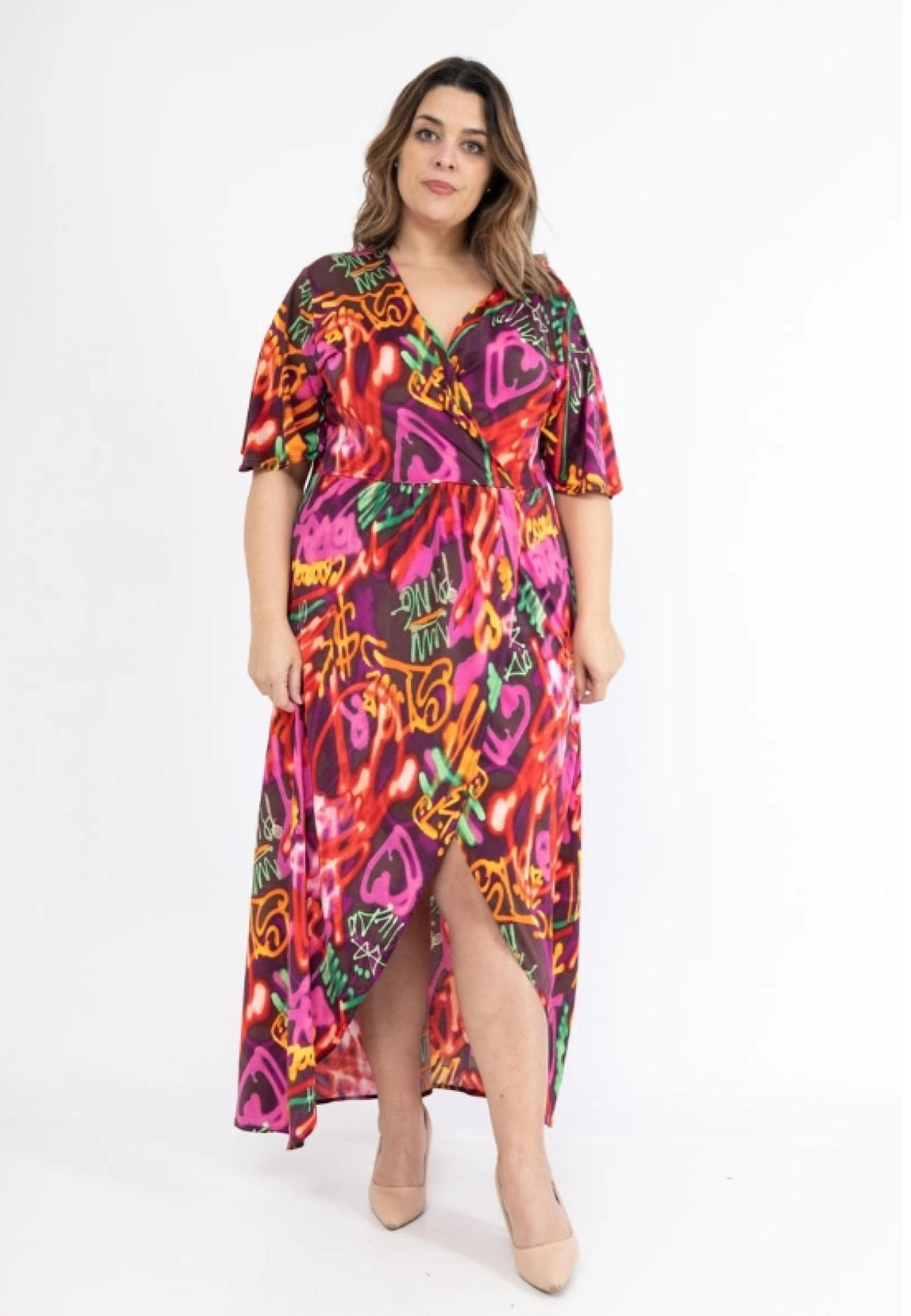 Robe longue grandes tailles cache-cœur bordeaux Modèle Amanda - vue 3
