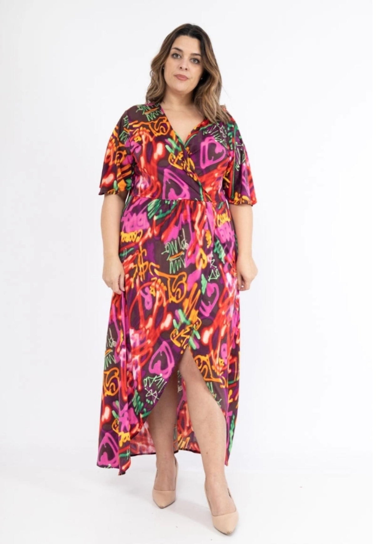 Robe longue grandes tailles cache-cœur bordeaux Modèle Amanda - vue 3
