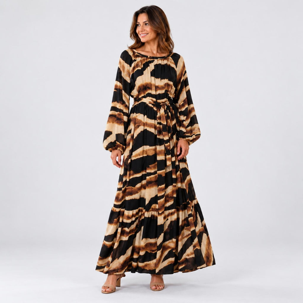 Robe longue imprimée ceinturée Modèle Zazie