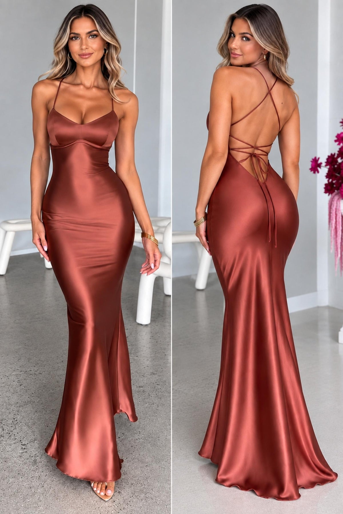 Robe longue satinée dos nu marron cuivré Modèle Victoria