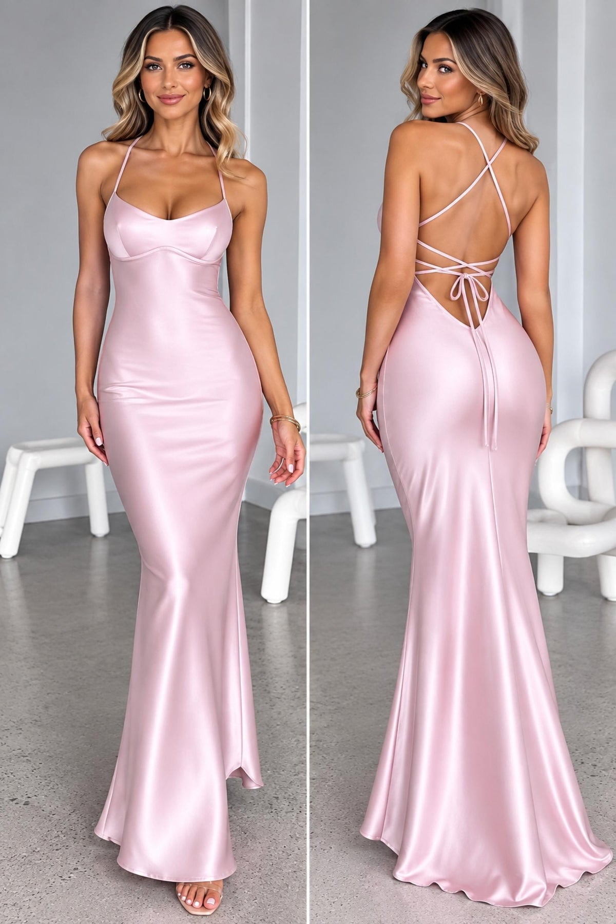 Robe longue satinée dos nu rose Modèle Victoria