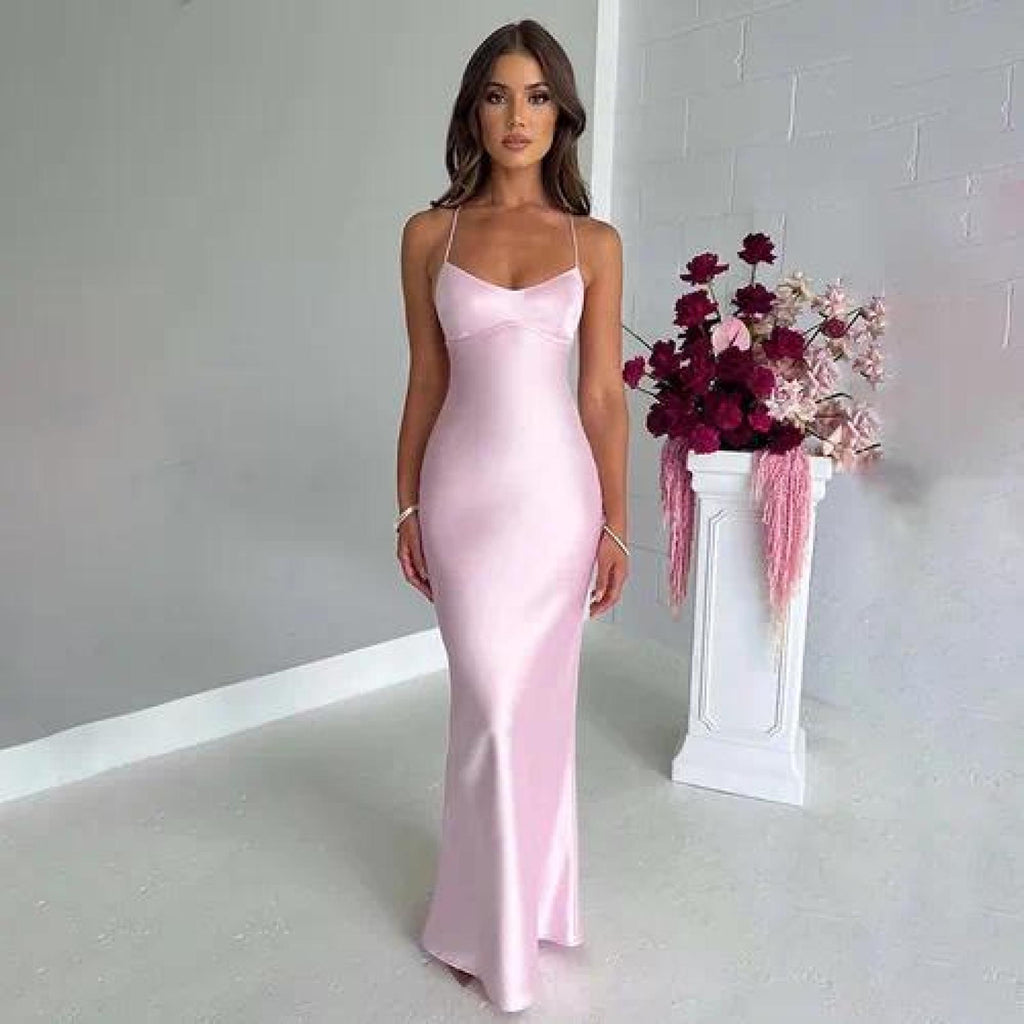Robe longue satinée dos nu rose Modèle Victoria - vue 2
