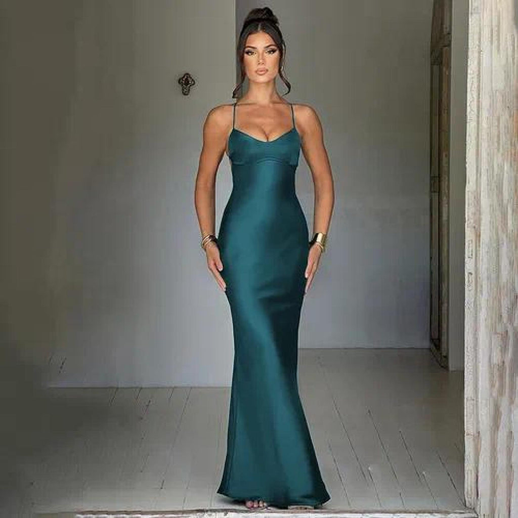 Robe longue satinée dos nu vert Modèle Victoria - vue 2