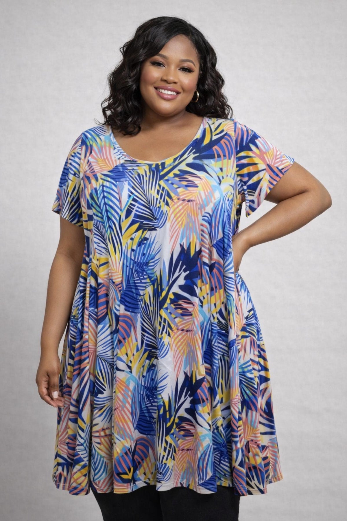 Robe midi grandes tailles imprimé tropical Modèle Bahia - Santa Mode