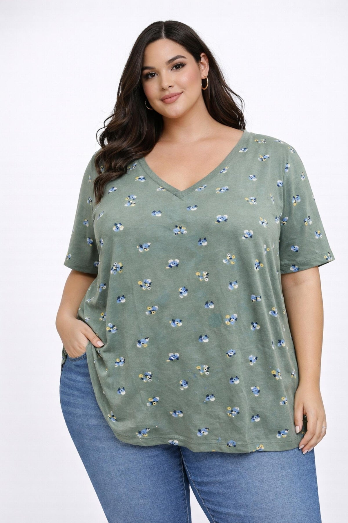 T-shirt grandes tailles kaki floral Modèle Flora - Santa Mode