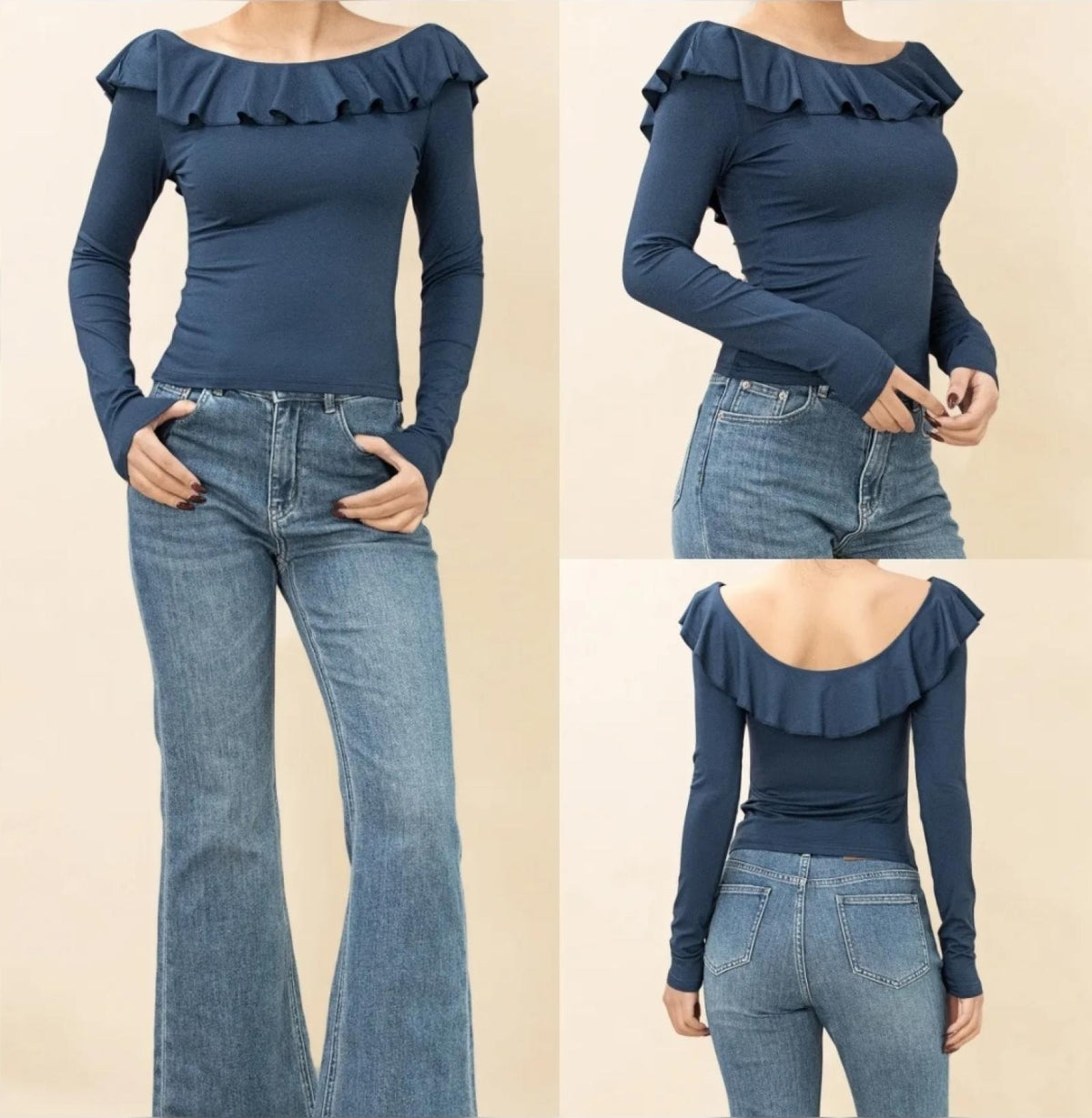 Top col Bardot volanté bleu Modèle Anéa - Santa Mode