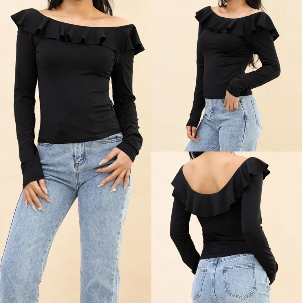 Top col Bardot volanté noir Modèle Anéa - Santa Mode