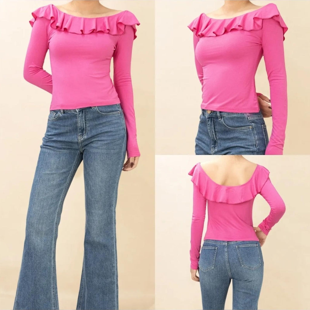 Top col Bardot volanté rose Modèle Anéa - Santa Mode