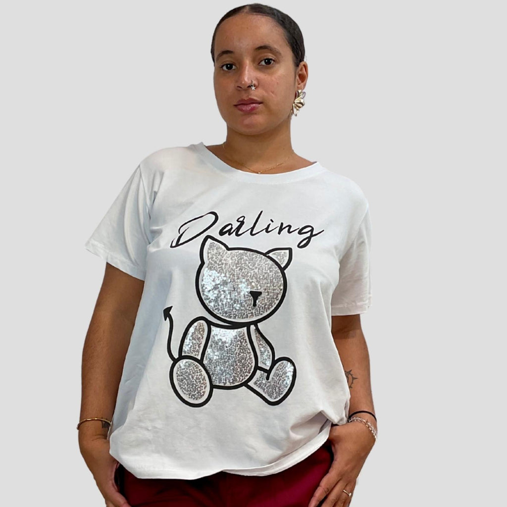 Top en coton à motif chat pailleté Modèle Ravenne - vue 2