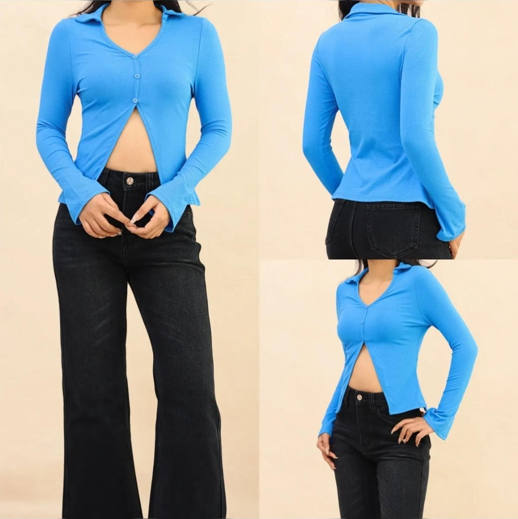 Top femme ajusté col chemise - Modèle Aria - Santa Mode