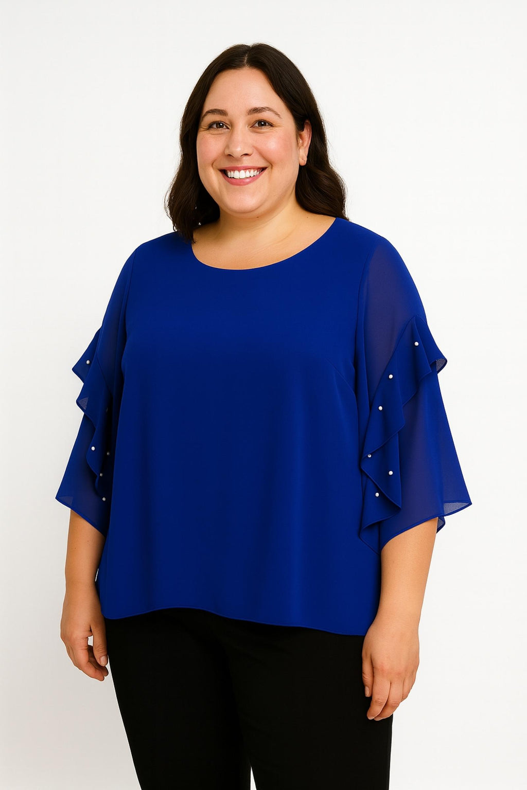 Top femme grandes tailles bleu à volants Modèle Adeline