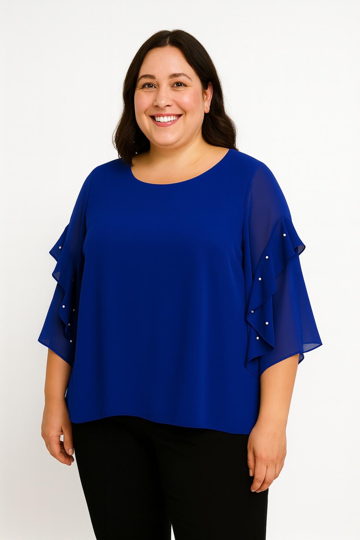 Top femme grandes tailles bleu à volants Modèle Adeline