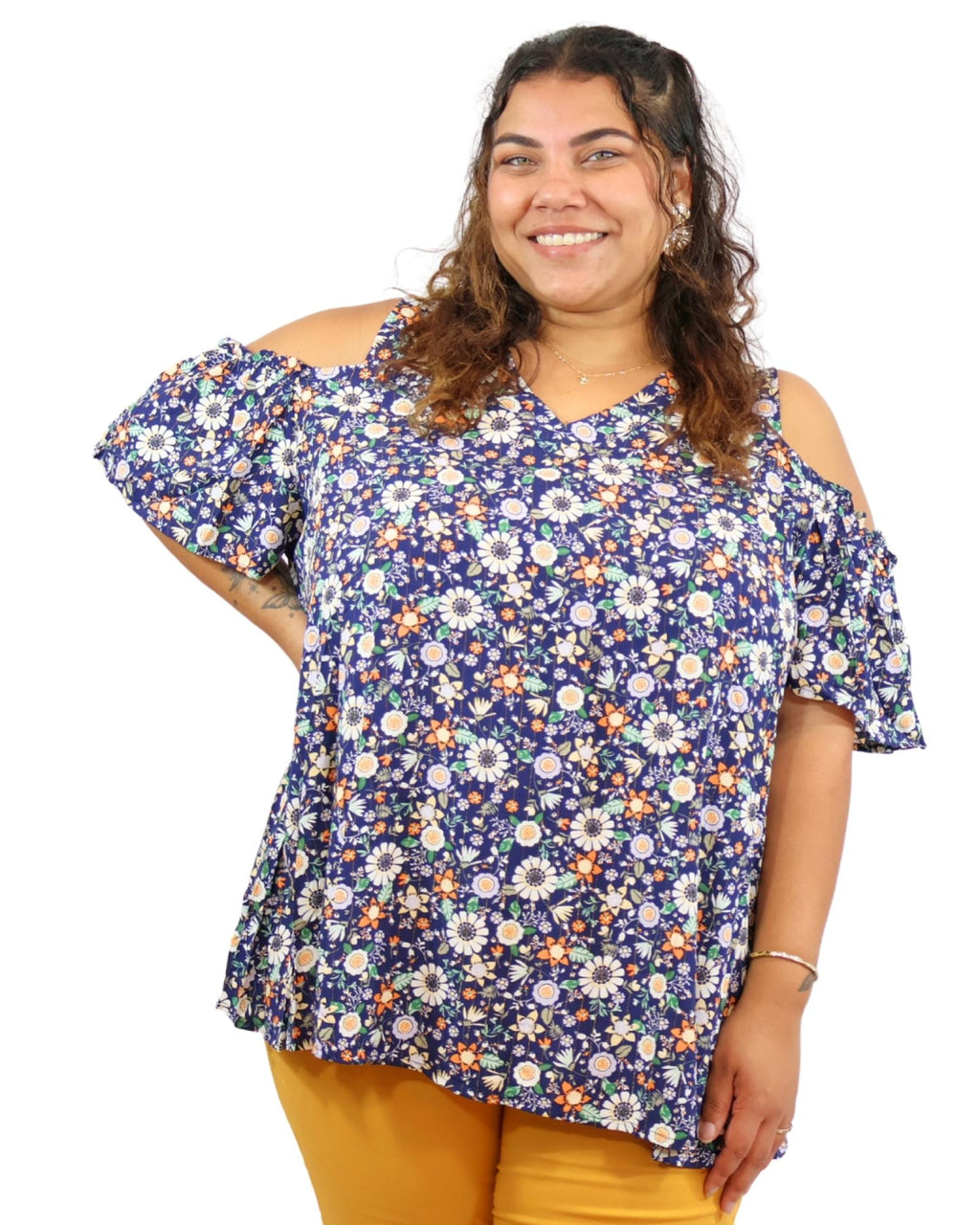 Top femme grandes tailles imprimé fleuri épaules dénudées Modèle Clarise