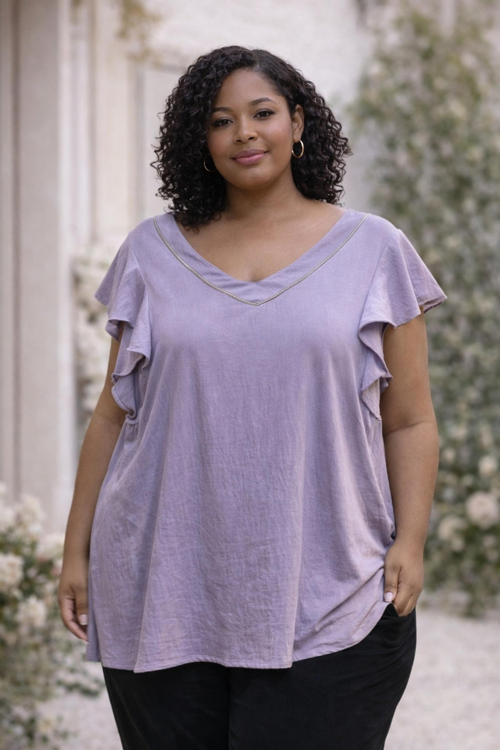 Top femme grandes tailles mauve à volants Modèle Éclat - Santa Mode