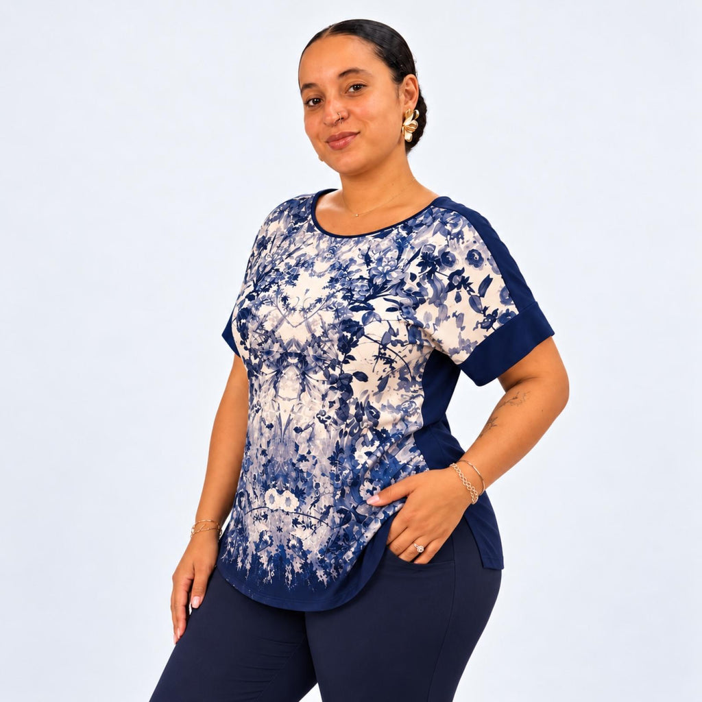 Top grandes tailles imprimé fleuri bleu nuit Modèle Vittoria - vue 3